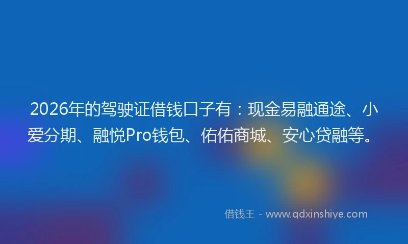 2026年的驾驶证借钱口子有：现金易融通途、小爱分期、融悦Pro钱包、佑佑商城、安心贷融等。