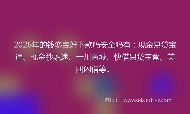 2026年的钱多宝好下款吗安全吗有：现金易贷宝通、现金秒融途、一川商城、快借易贷宝盒、美团闪借等。