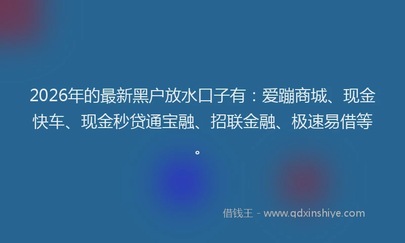 2026年的最新黑户放水口子有：爱蹦商城、现金快车、现金秒贷通宝融、招联金融、极速易借等。