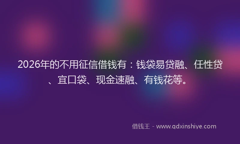 2026年的不用征信借钱有：钱袋易贷融、任性贷、宜口袋、现金速融、有钱花等。