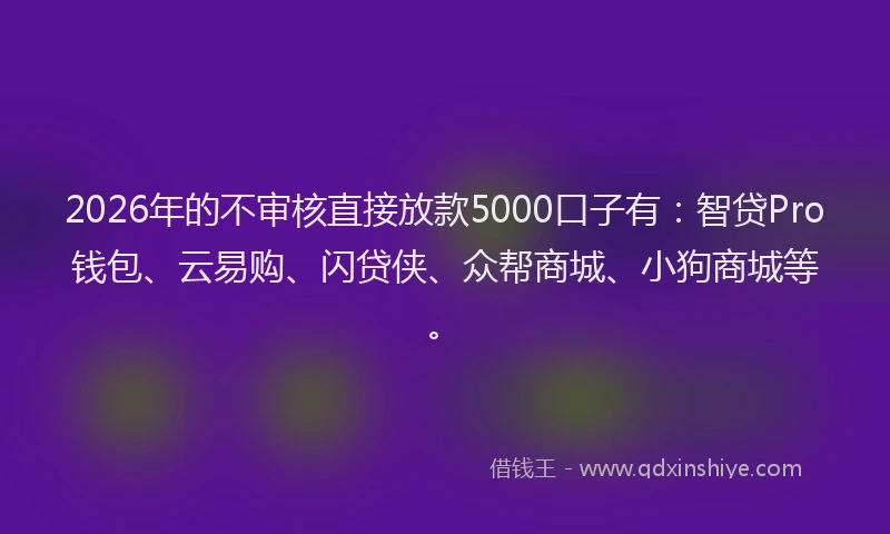 2026年的不审核直接放款5000口子有：智贷Pro钱包、云易购、闪贷侠、众帮商城、小狗商城等。