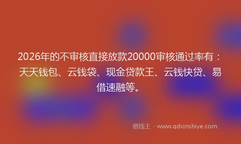 2026年的不审核直接放款20000审核通过率有：天天钱包、云钱袋、现金贷款王、云钱快贷、易借速融等。