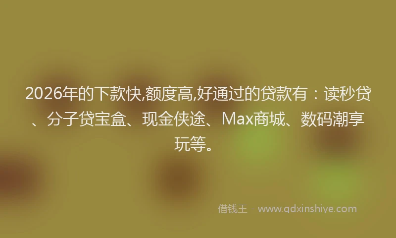 2026年的下款快,额度高,好通过的贷款有：读秒贷、分子贷宝盒、现金侠途、Max商城、数码潮享玩等。
