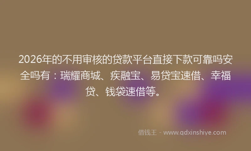 2026年的不用审核的贷款平台直接下款可靠吗安全吗有：瑞耀商城、疾融宝、易贷宝速借、幸福贷、钱袋速借等。