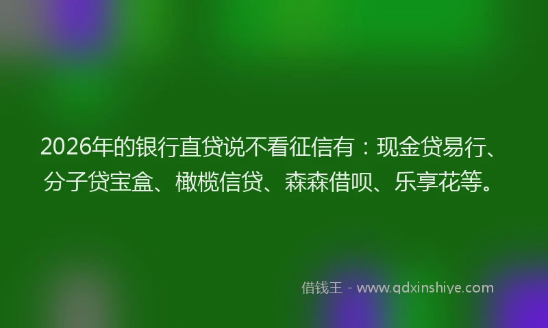 2026年的银行直贷说不看征信有：现金贷易行、分子贷宝盒、橄榄信贷、森森借呗、乐享花等。
