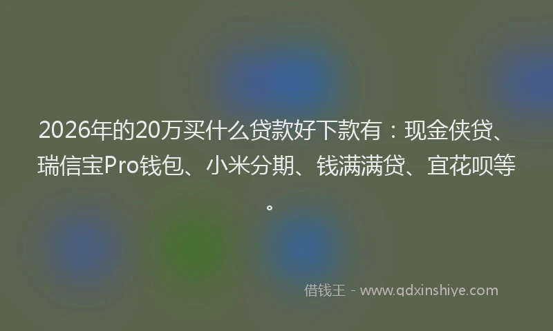 2026年的20万买什么贷款好下款有：现金侠贷、瑞信宝Pro钱包、小米分期、钱满满贷、宜花呗等。