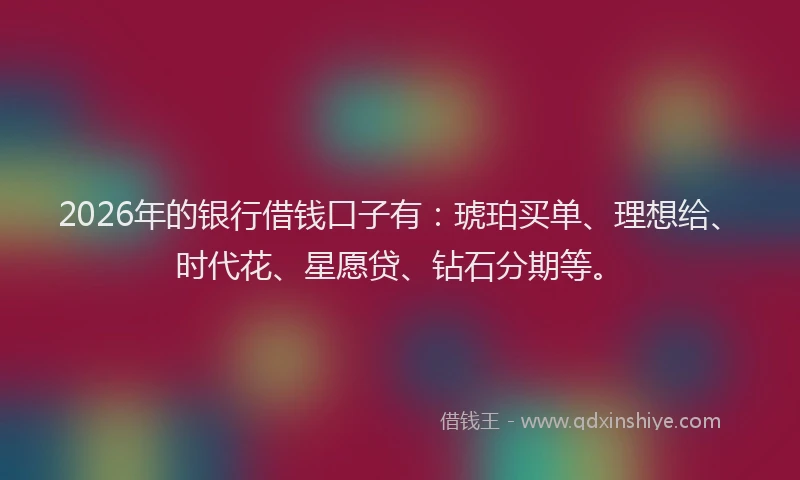2026年的银行借钱口子有：琥珀买单、理想给、时代花、星愿贷、钻石分期等。