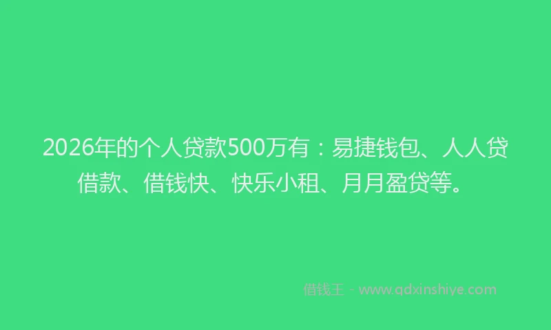 2026年的个人贷款500万有：易捷钱包、人人贷借款、借钱快、快乐小租、月月盈贷等。