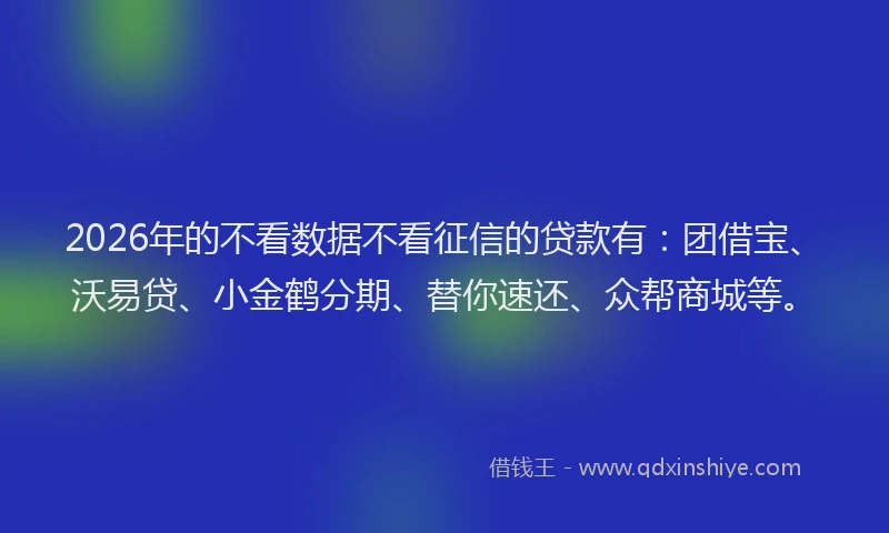 2026年的不看数据不看征信的贷款有：团借宝、沃易贷、小金鹤分期、替你速还、众帮商城等。