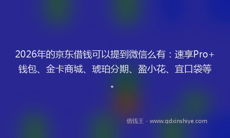 2026年的京东借钱可以提到微信么有：速享Pro+钱包、金卡商城、琥珀分期、盈小花、宜口袋等。