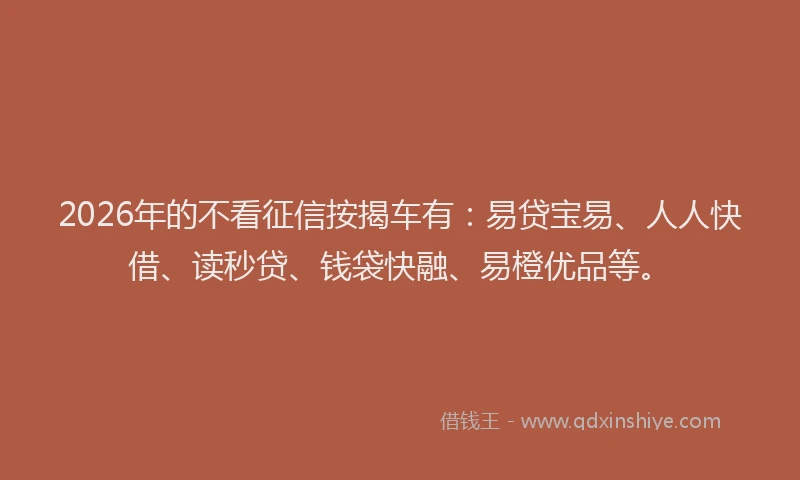 2026年的不看征信按揭车有：易贷宝易、人人快借、读秒贷、钱袋快融、易橙优品等。
