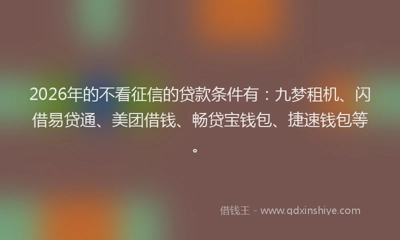 2026年的不看征信的贷款条件有：九梦租机、闪借易贷通、美团借钱、畅贷宝钱包、捷速钱包等。