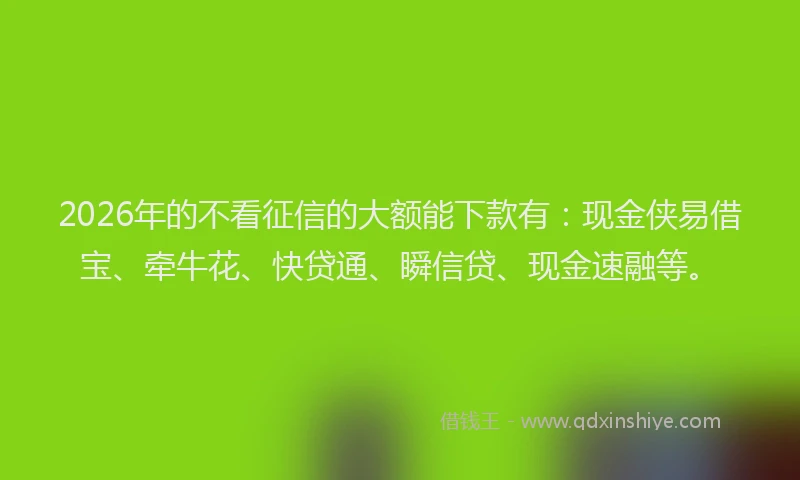 2026年的不看征信的大额能下款有：现金侠易借宝、牵牛花、快贷通、瞬信贷、现金速融等。