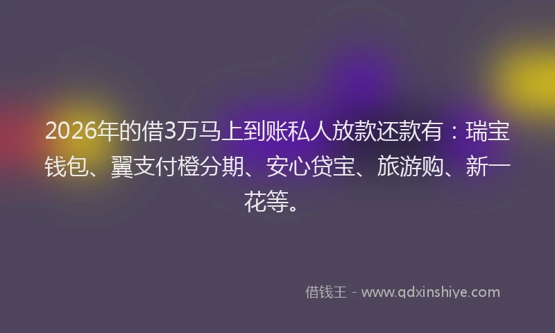 2026年的借3万马上到账私人放款还款有：瑞宝钱包、翼支付橙分期、安心贷宝、旅游购、新一花等。