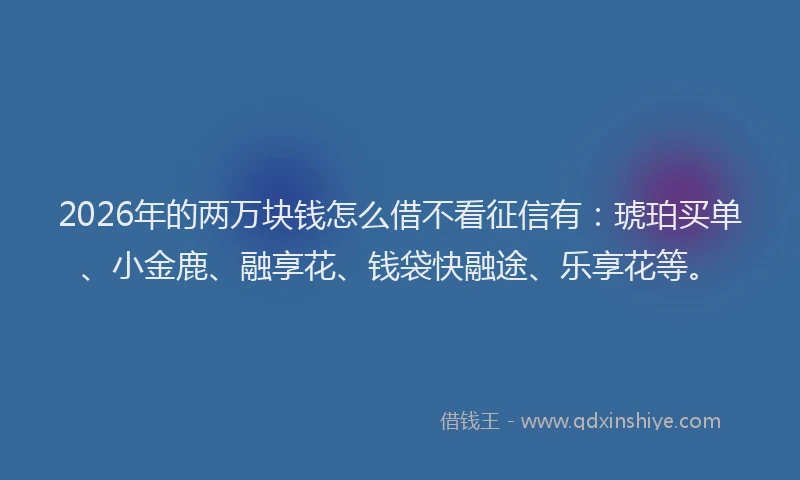 2026年的两万块钱怎么借不看征信有：琥珀买单、小金鹿、融享花、钱袋快融途、乐享花等。