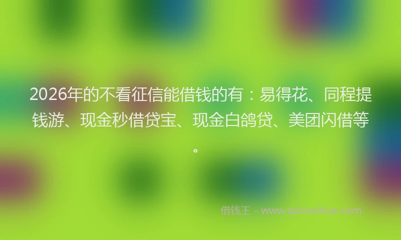 2026年的不看征信能借钱的有：易得花、同程提钱游、现金秒借贷宝、现金白鸽贷、美团闪借等。