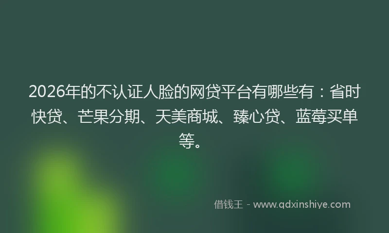 2026年的不认证人脸的网贷平台有哪些有：省时快贷、芒果分期、天美商城、臻心贷、蓝莓买单等。