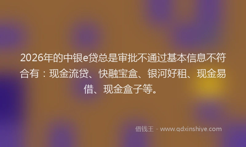 2026年的中银e贷总是审批不通过基本信息不符合有：现金流贷、快融宝盒、银河好租、现金易借、现金盒子等。