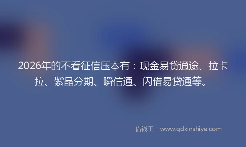 2026年的不看征信压本有：现金易贷通途、拉卡拉、紫晶分期、瞬信通、闪借易贷通等。