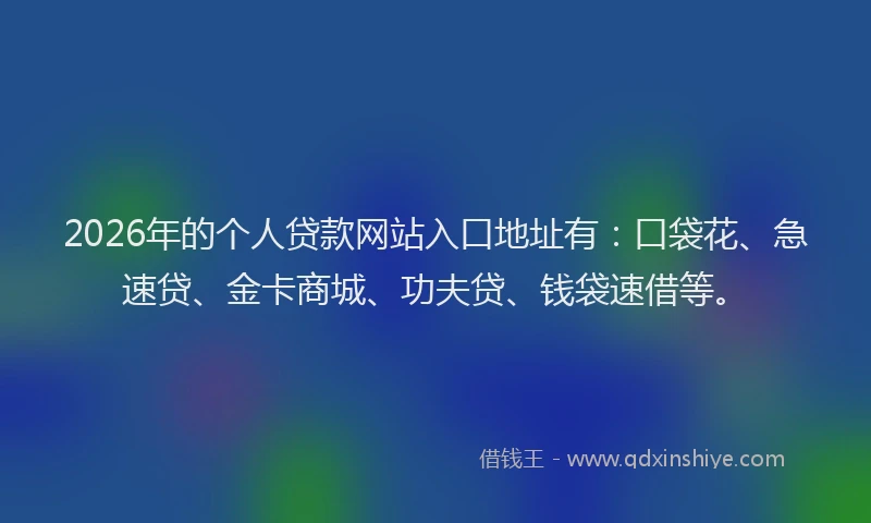 2026年的个人贷款网站入口地址有：口袋花、急速贷、金卡商城、功夫贷、钱袋速借等。