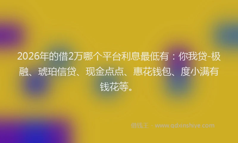 2026年的借2万哪个平台利息最低有：你我贷-极融、琥珀信贷、现金点点、惠花钱包、度小满有钱花等。