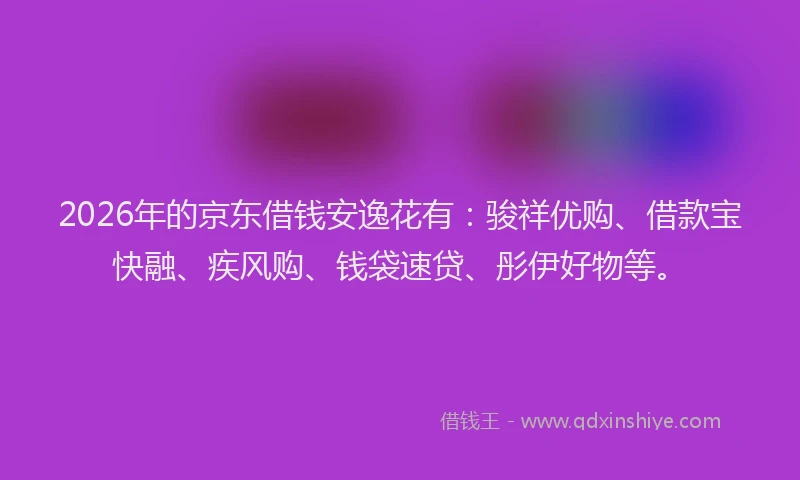 2026年的京东借钱安逸花有：骏祥优购、借款宝快融、疾风购、钱袋速贷、彤伊好物等。