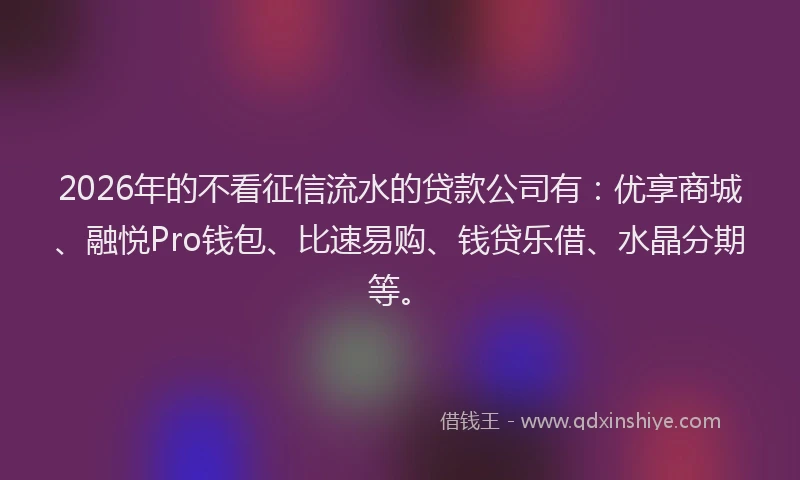 2026年的不看征信流水的贷款公司有：优享商城、融悦Pro钱包、比速易购、钱贷乐借、水晶分期等。