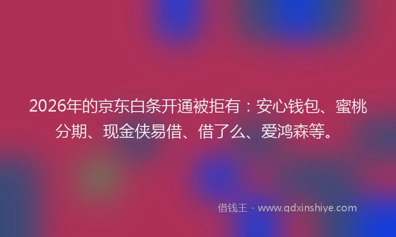2026年的京东白条开通被拒有：安心钱包、蜜桃分期、现金侠易借、借了么、爱鸿森等。