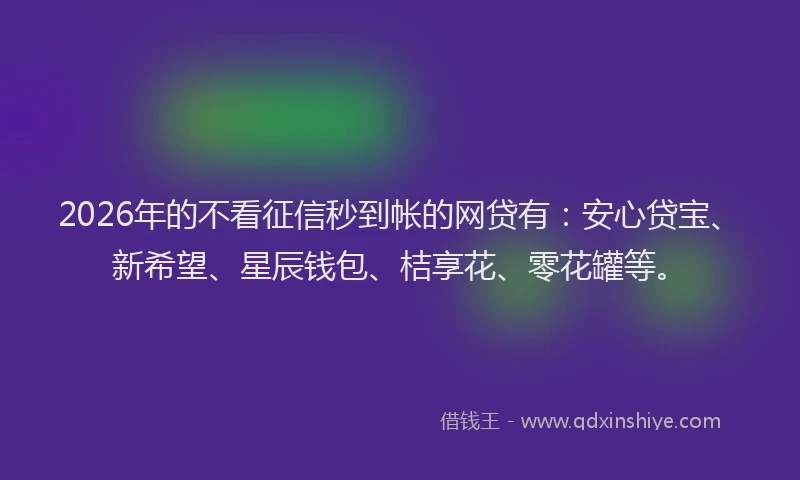 2026年的不看征信秒到帐的网贷有：安心贷宝、新希望、星辰钱包、桔享花、零花罐等。