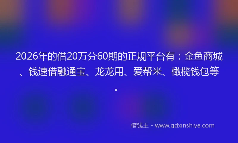 2026年的借20万分60期的正规平台有：金鱼商城、钱速借融通宝、龙龙用、爱帮米、橄榄钱包等。