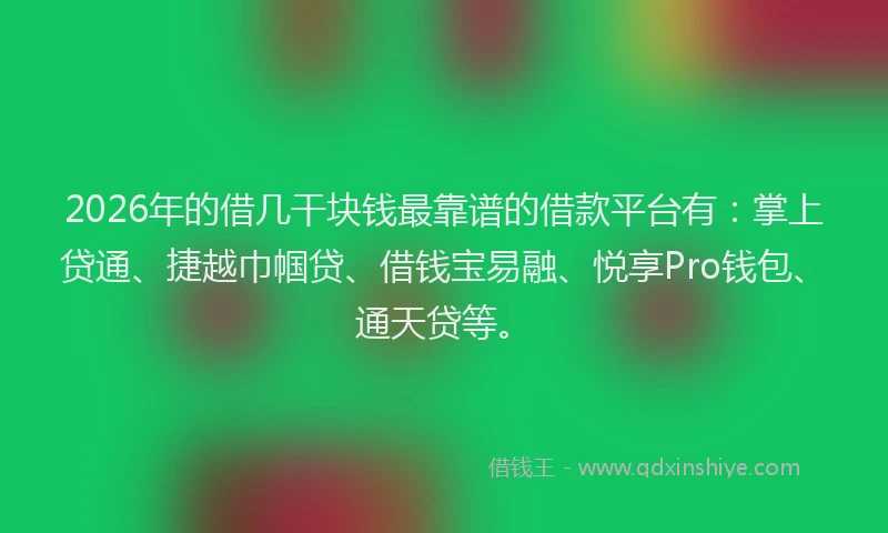 2026年的借几干块钱最靠谱的借款平台有：掌上贷通、捷越巾帼贷、借钱宝易融、悦享Pro钱包、通天贷等。