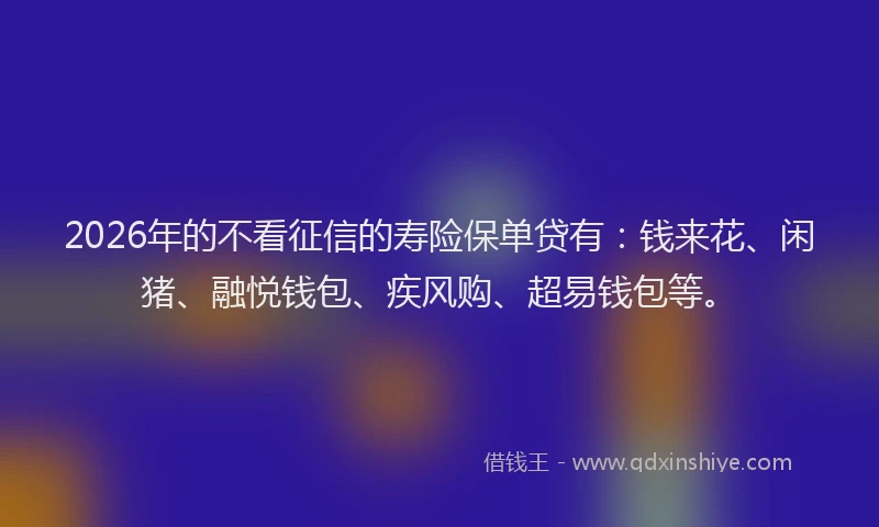 2026年的不看征信的寿险保单贷有：钱来花、闲猪、融悦钱包、疾风购、超易钱包等。