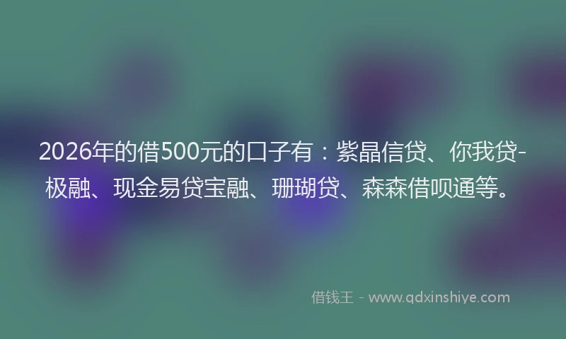 2026年的借500元的口子有：紫晶信贷、你我贷-极融、现金易贷宝融、珊瑚贷、森森借呗通等。