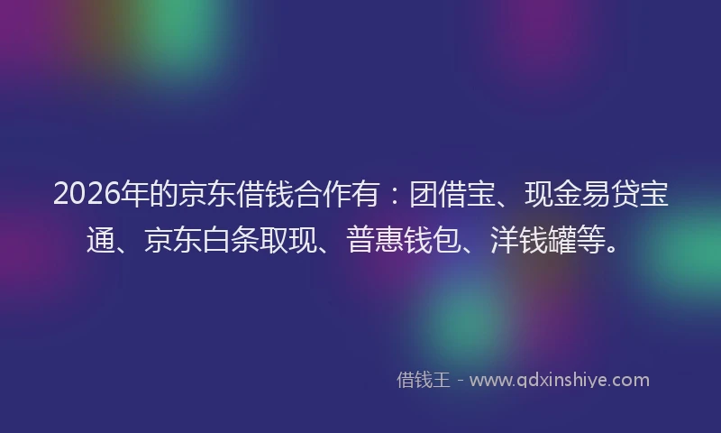 2026年的京东借钱合作有：团借宝、现金易贷宝通、京东白条取现、普惠钱包、洋钱罐等。