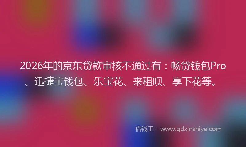 2026年的京东贷款审核不通过有：畅贷钱包Pro、迅捷宝钱包、乐宝花、来租呗、享下花等。