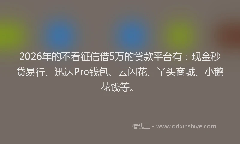2026年的不看征信借5万的贷款平台有：现金秒贷易行、迅达Pro钱包、云闪花、丫头商城、小鹅花钱等。