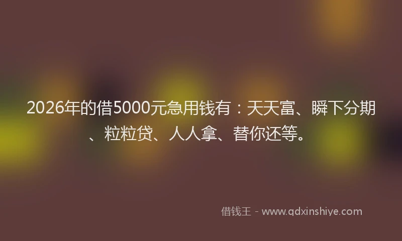2026年的借5000元急用钱有：天天富、瞬下分期、粒粒贷、人人拿、替你还等。