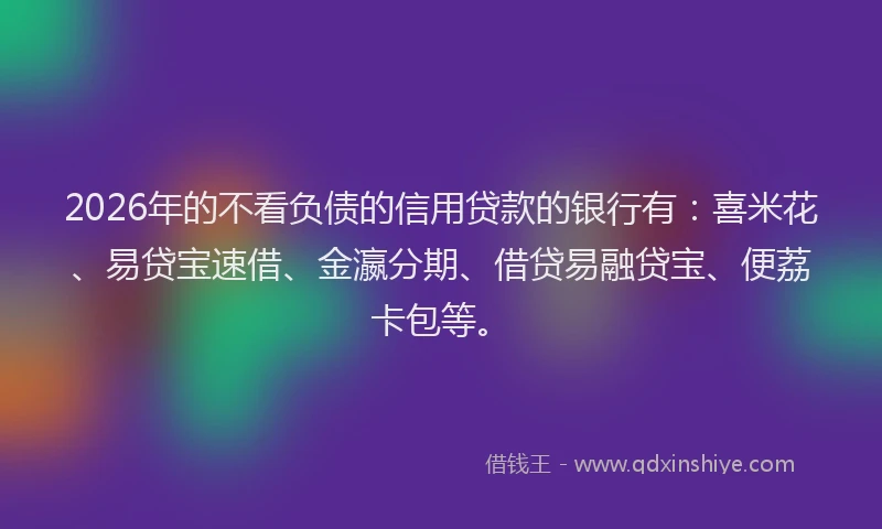 2026年的不看负债的信用贷款的银行有：喜米花、易贷宝速借、金瀛分期、借贷易融贷宝、便荔卡包等。