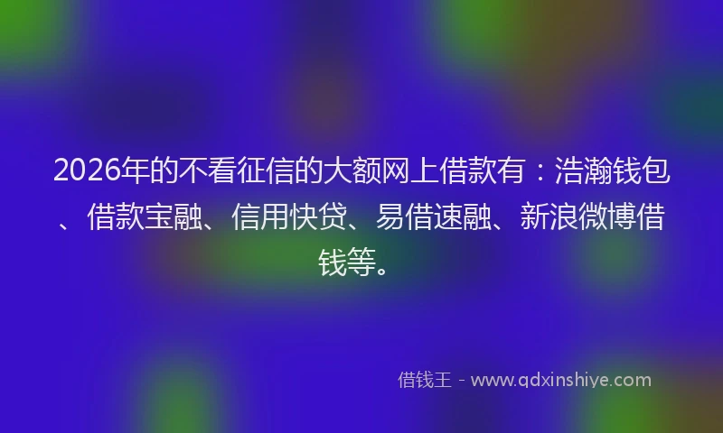 2026年的不看征信的大额网上借款有：浩瀚钱包、借款宝融、信用快贷、易借速融、新浪微博借钱等。