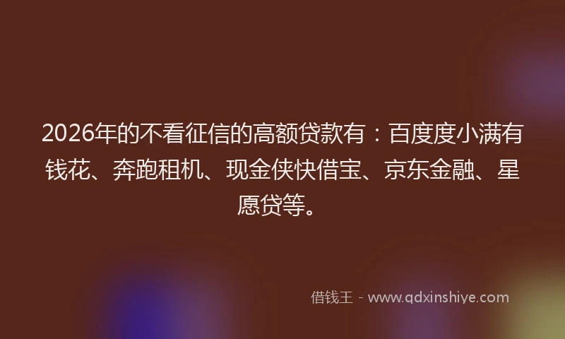 2026年的不看征信的高额贷款有：百度度小满有钱花、奔跑租机、现金侠快借宝、京东金融、星愿贷等。