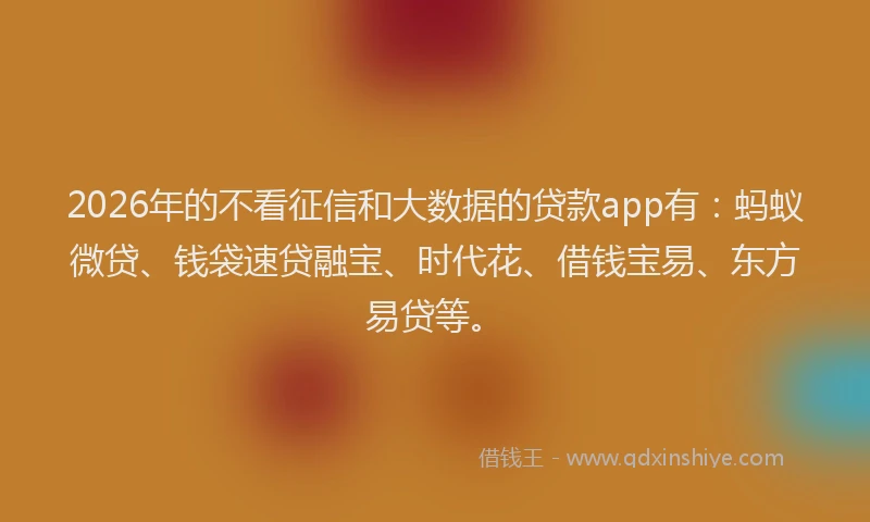 2026年的不看征信和大数据的贷款app有：蚂蚁微贷、钱袋速贷融宝、时代花、借钱宝易、东方易贷等。