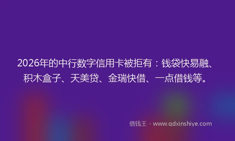 2026年的中行数字信用卡被拒有：钱袋快易融、积木盒子、天美贷、金瑞快借、一点借钱等。