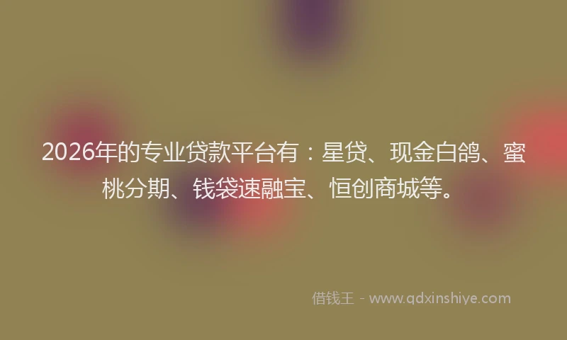 2026年的专业贷款平台有：星贷、现金白鸽、蜜桃分期、钱袋速融宝、恒创商城等。