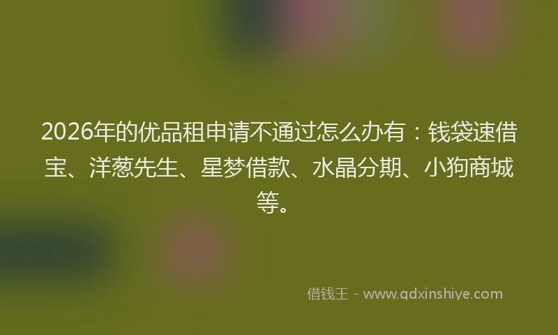 2026年的优品租申请不通过怎么办有：钱袋速借宝、洋葱先生、星梦借款、水晶分期、小狗商城等。