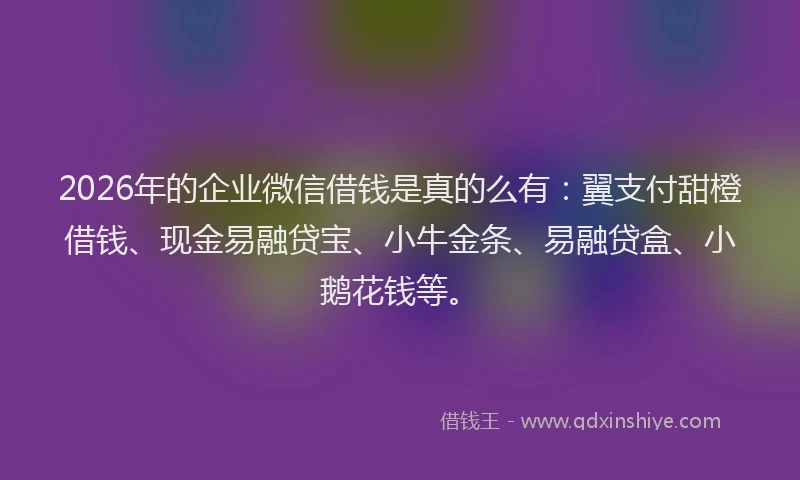 2026年的企业微信借钱是真的么有：翼支付甜橙借钱、现金易融贷宝、小牛金条、易融贷盒、小鹅花钱等。