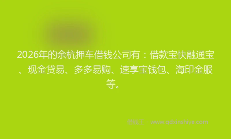 2026年的余杭押车借钱公司有：借款宝快融通宝、现金贷易、多多易购、速享宝钱包、海印金服等。
