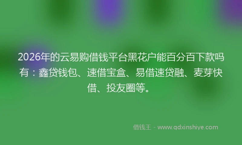 2026年的云易购借钱平台黑花户能百分百下款吗有：鑫贷钱包、速借宝盒、易借速贷融、麦芽快借、投友圈等。