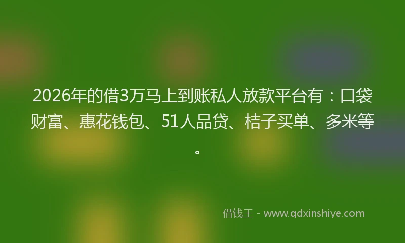 2026年的借3万马上到账私人放款平台有：口袋财富、惠花钱包、51人品贷、桔子买单、多米等。