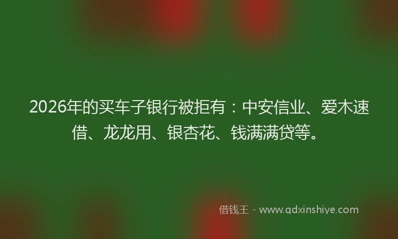 2026年的买车子银行被拒有：中安信业、爱木速借、龙龙用、银杏花、钱满满贷等。