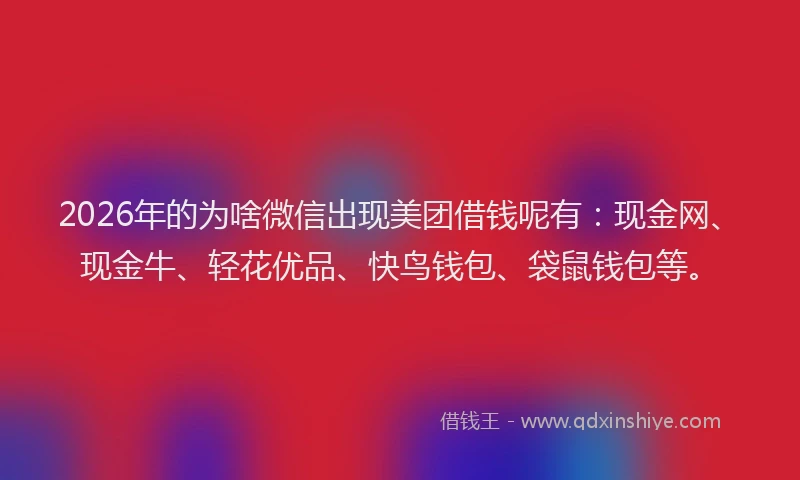 2026年的为啥微信出现美团借钱呢有：现金网、现金牛、轻花优品、快鸟钱包、袋鼠钱包等。